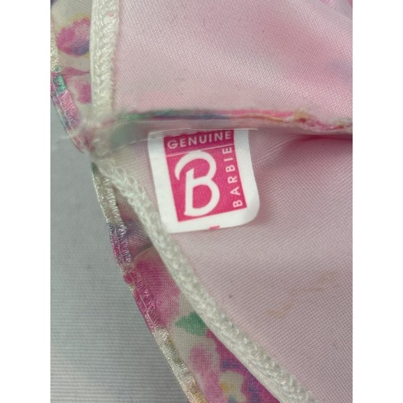 Vintage Barbie Pink Floral Dress Layered Puff Sleeves Bow Tulle - Picture 3 of 6